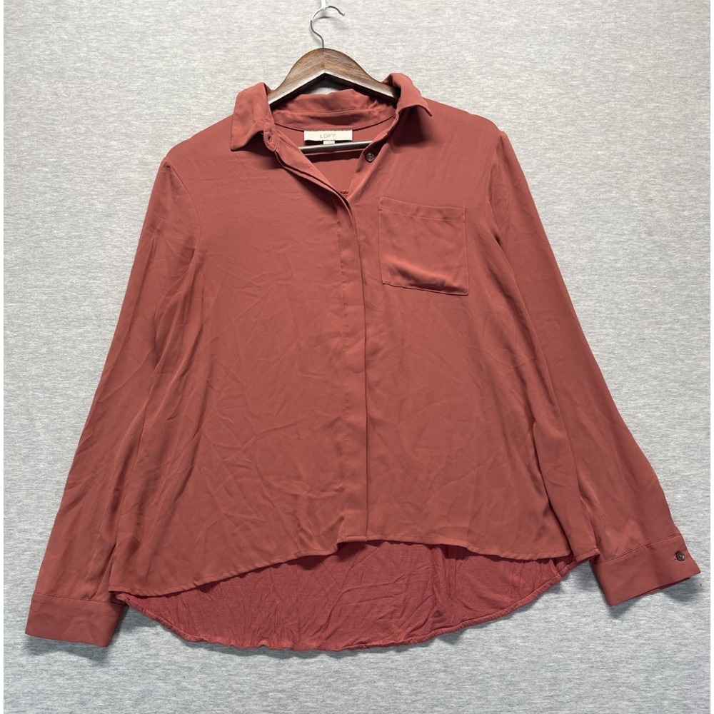 Ann Taylor LOFT Shirt Top Women Medium Rust Orange High Low Curved Hem Button-Up